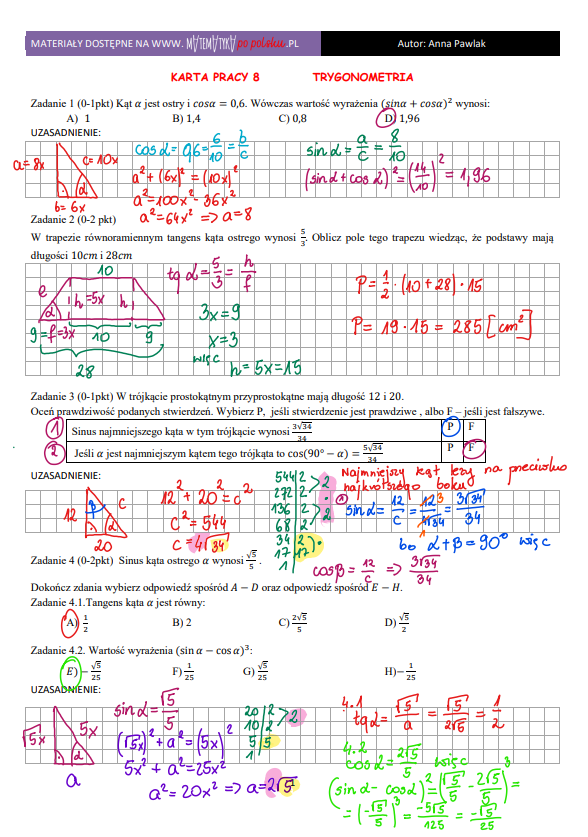 Karta pracy- FUNKCJE TRYGONOMETRYCZNE-