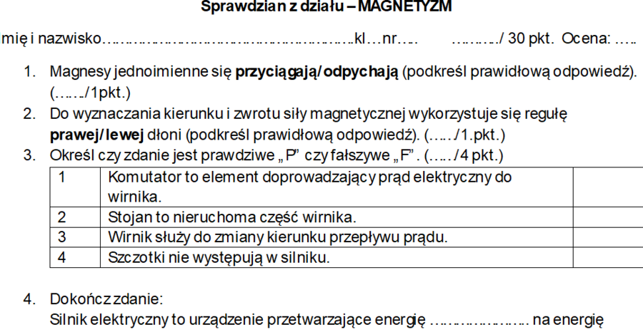 Sprawdzian - MAGNETYZM