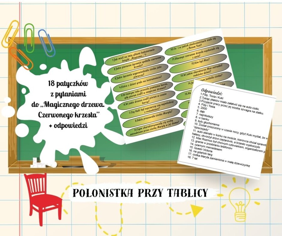 Patyczki z pytaniami + propozycja odpowiedzi „Magiczne drzewo. Czerwone krzesło"