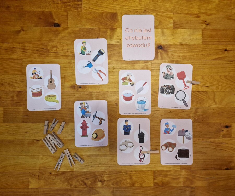 Klamerkowe pomoce - Co nie jest atrybutem zawodu? Karty obrazkowe