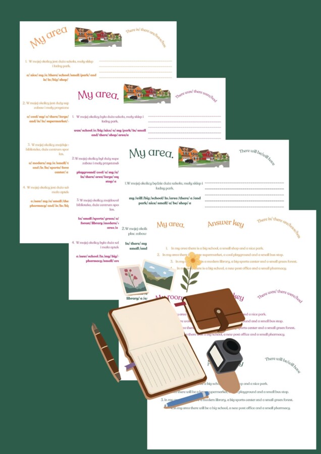 E8 writing My backpack, My area, My bedroom/ There is/ There are/Present  simple/ Past simple/ Future simple