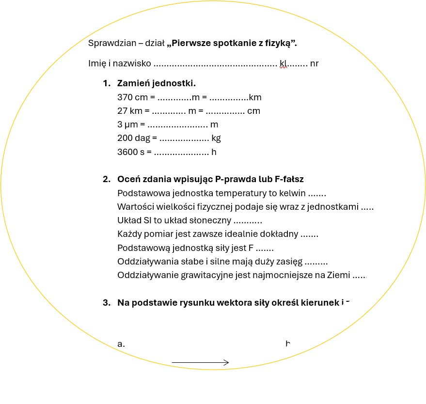 sprawdzian / karta powtórzenia "Pierwsze spotkanie z fizyką".