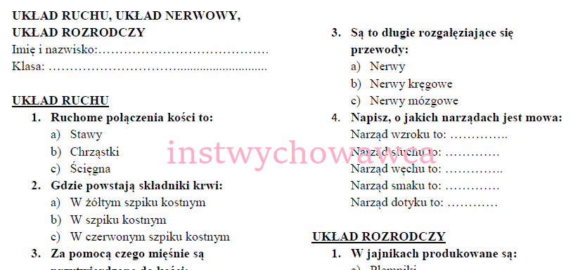 Układ ruchu, układ nerwowy, układ rozrodczy-sprawdzian