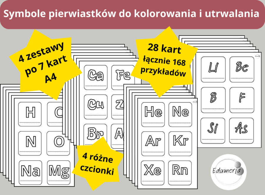 Proste karty z symbolami pierwiastków - DO KOLOROWANIA – idealne na lekcje chemii, powtórki, zastępstwa i zadania dla chętnych! Do pobrania i wydrukowania od razu