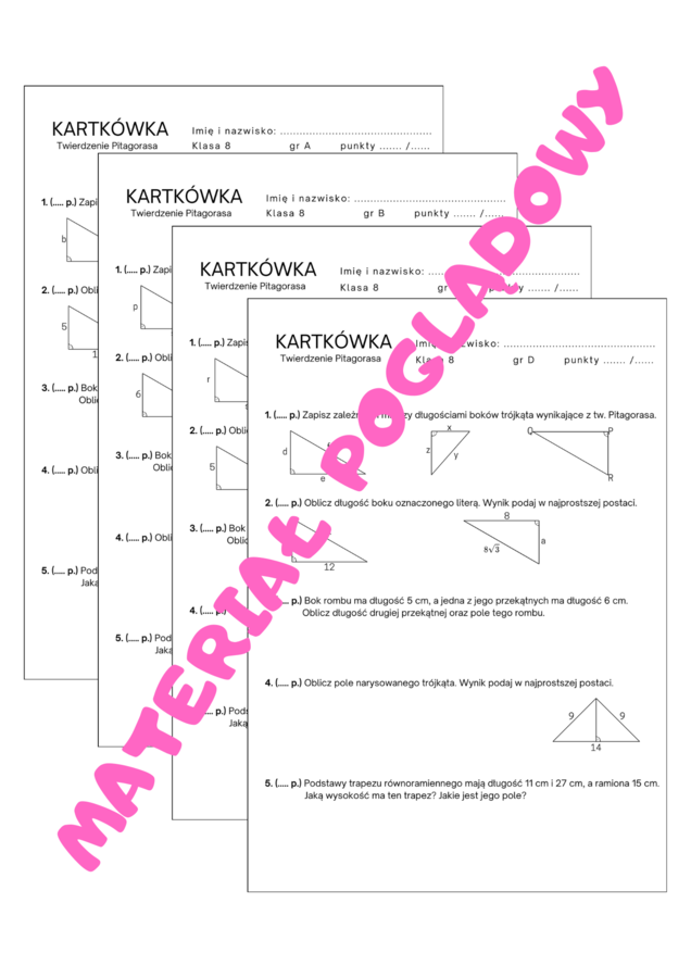 Twierdzenie Pitagorasa - kartkówka, karta pracy. Klasa 7. Klasa 8