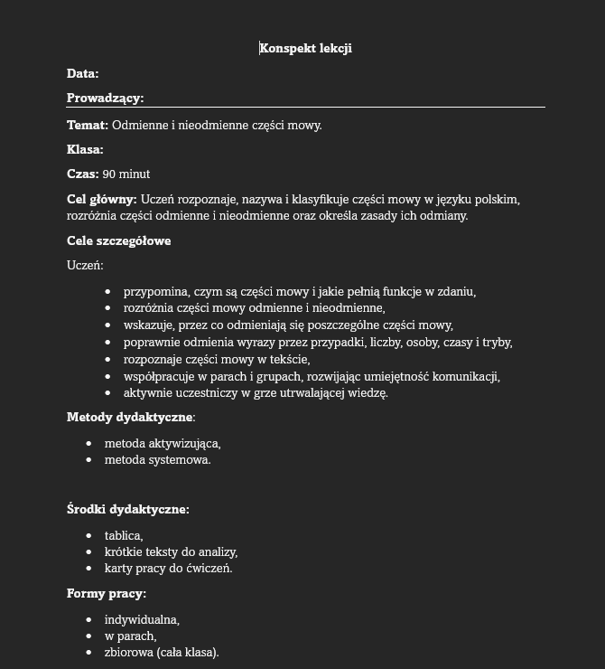 Odmienne i nieodmienne części mowy- scenariusz lekcji