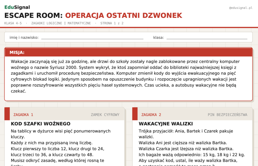 Na koniec roku: Escape Room: Operacja Ostatni Dzwonek — zagadki logiczne i matematyczne | Klasa 4-5