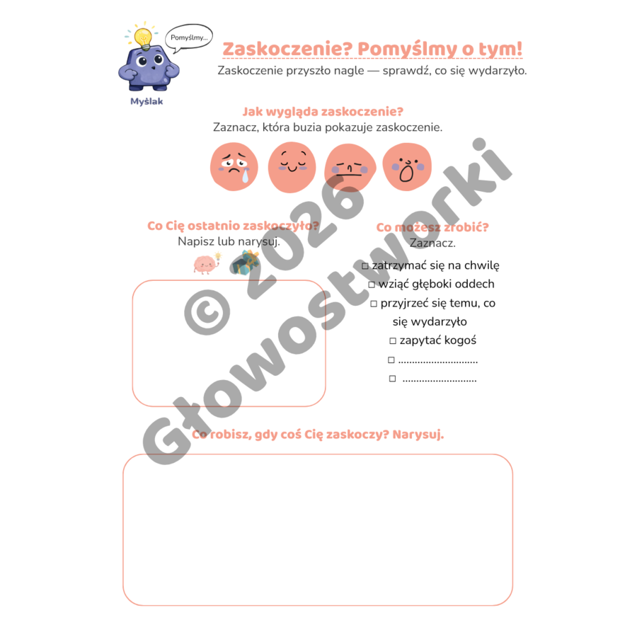 Głowostworki — Pakiet 3: Zaskoczenie, rozczarowanie, wdzięczność i miłość-karty pracy dla dzieci 4-8 lat