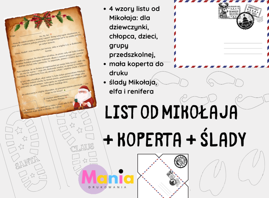 List od Mikołaja + koperta + ślady Mikołaja, Renifera i Elfa/ Mikołajki/ Wigilia