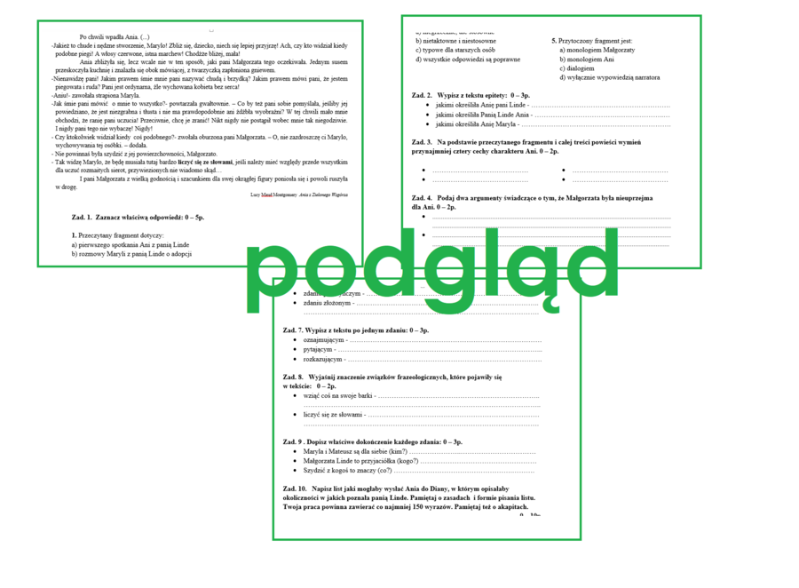 "Ania z Zielonego Wzgórza" - literacka praca klasowa, sprawdzian, czytanie ze zrozumieniem