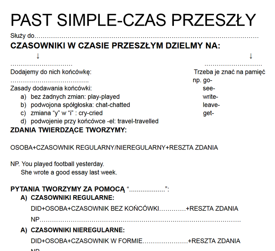 PAST SIMPLE dla początkujących/karta pracy dla ucznia/notatka do uzupełnienia/wklejka