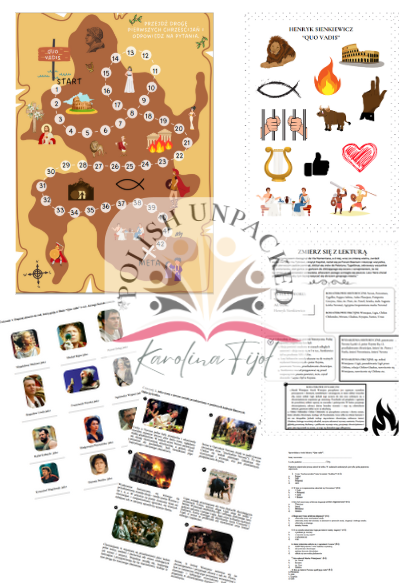 Zestaw kart pracy + gra planszowa "Quo vadis" Henryk Sienkiewicz, egzamin ósmoklasisty, lektura obowiązkowa