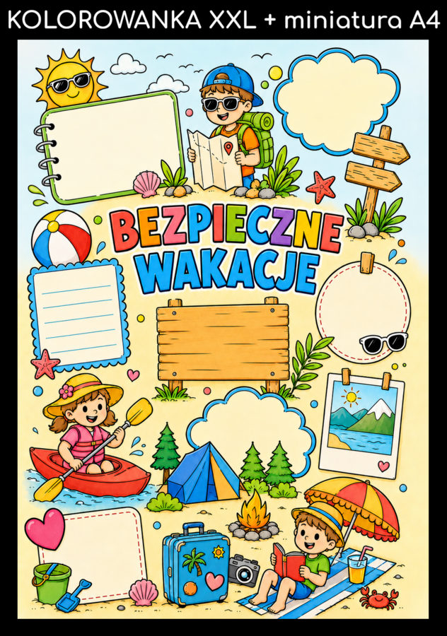 BEZPIECZNE WAKACJE - pakiet: kolorowanka XXL + miniatura A4; gazetka; dekoracja; plakat; lekcja wychowawcza