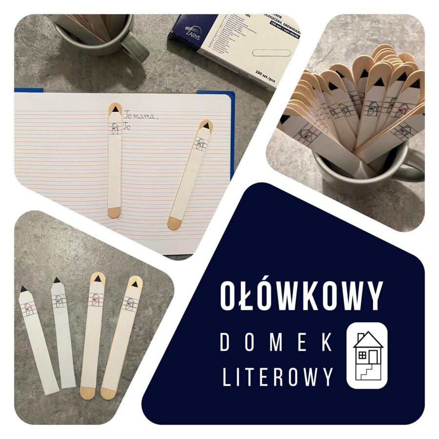 Ołówkowy domek literowy - pomoc do nauki pisania liter w liniaturze zeszytu