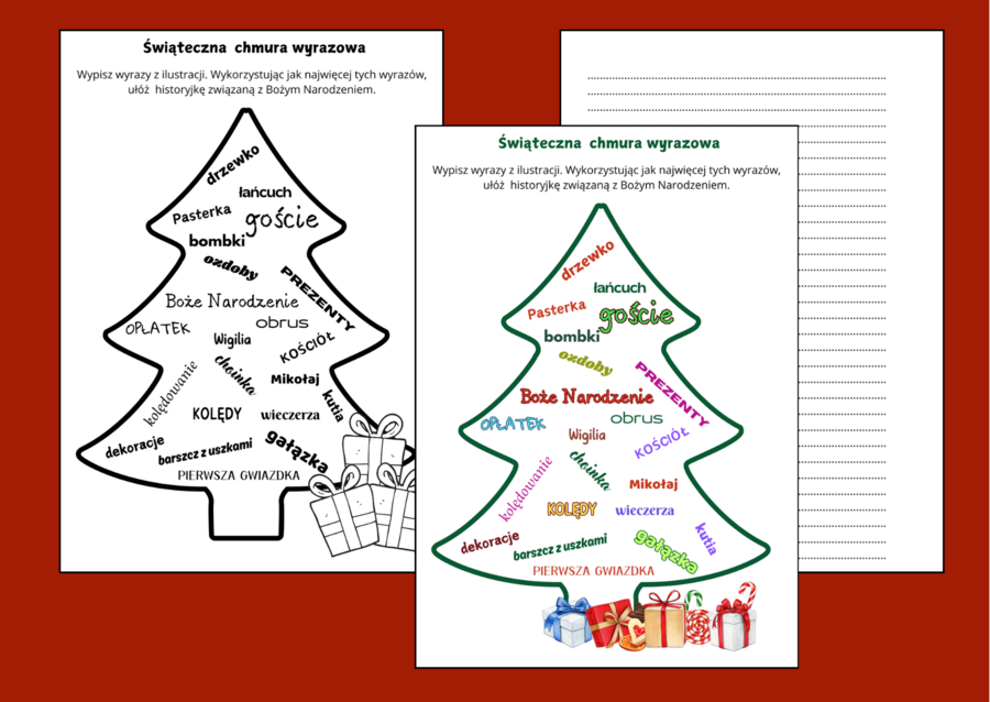ŚWIĄTECZNA ortograficzna CHMURA wyrazowa - zima - Boże Narodzenie - ortografia - opowiadanie - 2 wersje