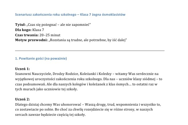 Krótki scenariusz na uroczystość zakończenia roku szkolnego dla klasy 7 żegnającej ósmoklasistów/ Pożegnanie klasy 8/ Pożegnanie ósmoklasistów