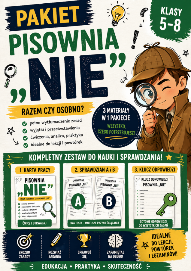 Pisownia „nie” – pakiet kl. 5–8 | karta pracy + sprawdzian A/B + klucz