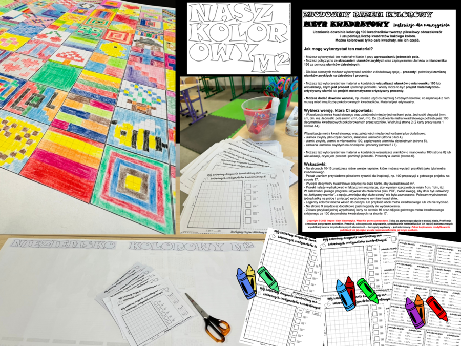 Projekt grupowy: KOLOROWY METR KWADRATOWY. Jednostki długości, pole, jednostki pola, opcje dodatkowe: ułamki zwykłe, ułamki dziesiętne, procenty.