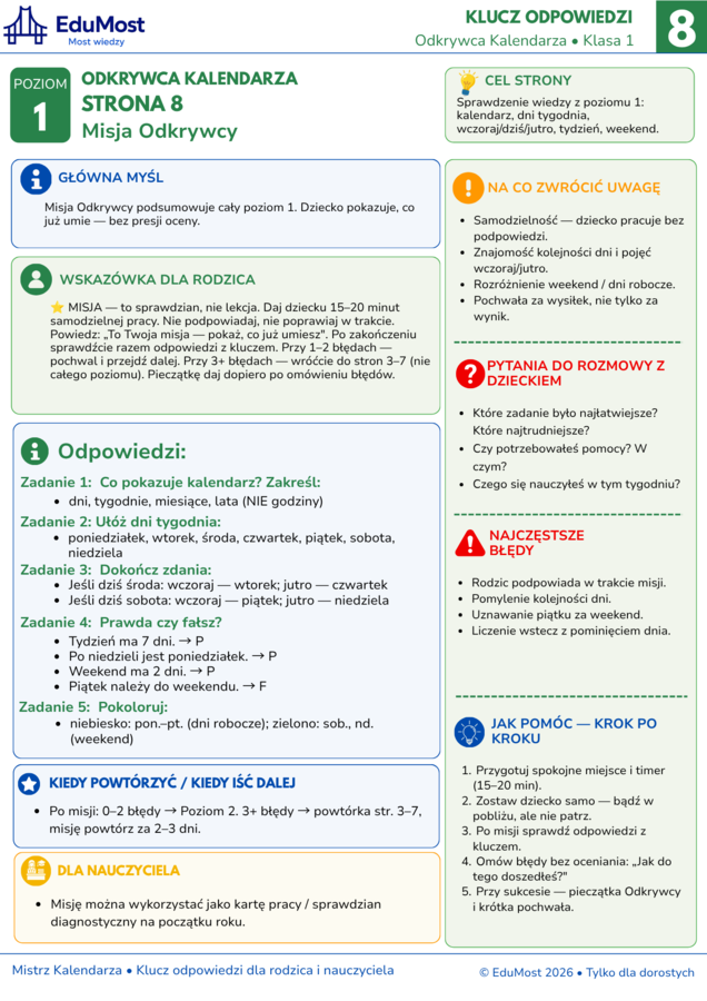 MISTRZ KALENDARZA — przewodnik po kalendarzu kl. 1–4 + klucz dla rodzica