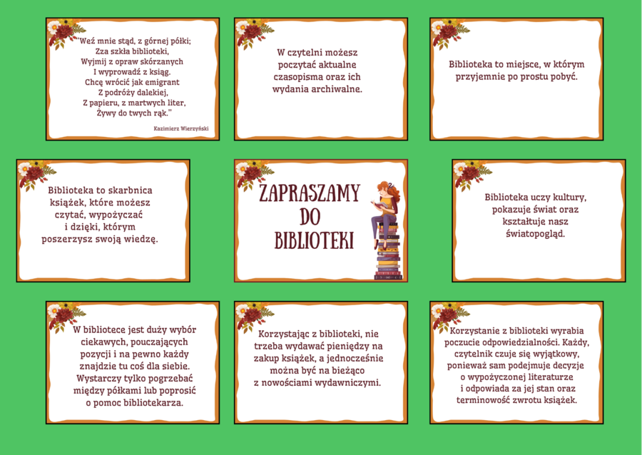 ZAPRASZAMY DO BIBLIOTEKI - biblioteka - gazetka – zalety biblioteki - cytaty – wersja 3
