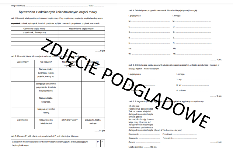 Sprawdzian z odmiennych i nieodmiennych części mowy
