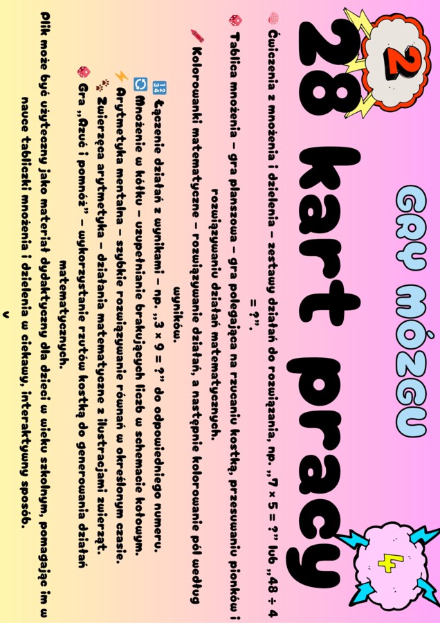 Gry mózgu.Mnożenie i dzielenie.28 kart pracy