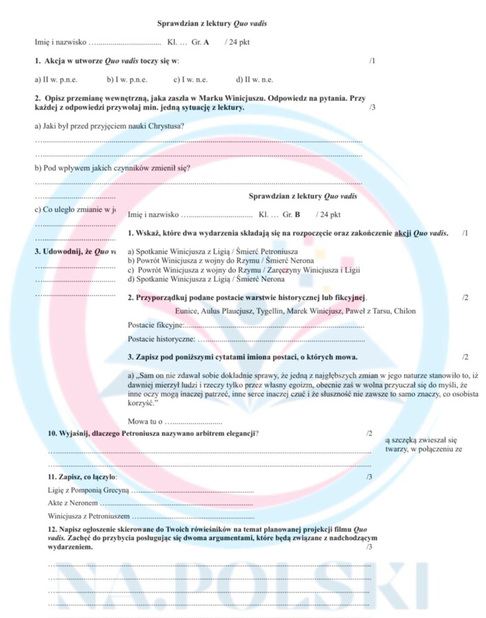 Sprawdzian z lektury "Quo vadis" - grupa A i B