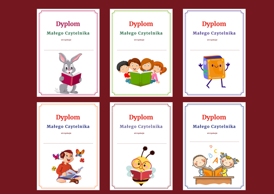 DYPLOM MAŁEGO CZYTELNIKA - pasowanie - BIBLIOTEKA - dyplomy – 12 wersji