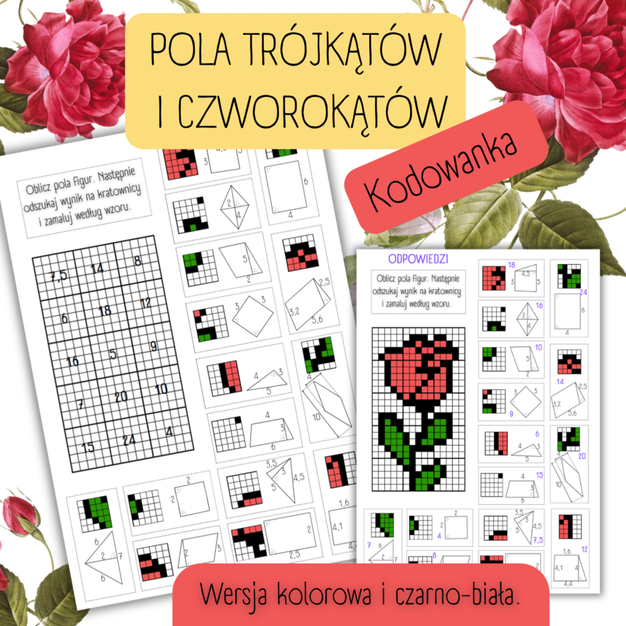 POLA CZWOROKĄTÓW I TRÓJKĄTÓW - kodowanka - Dzień Kobiet/Wiosna.