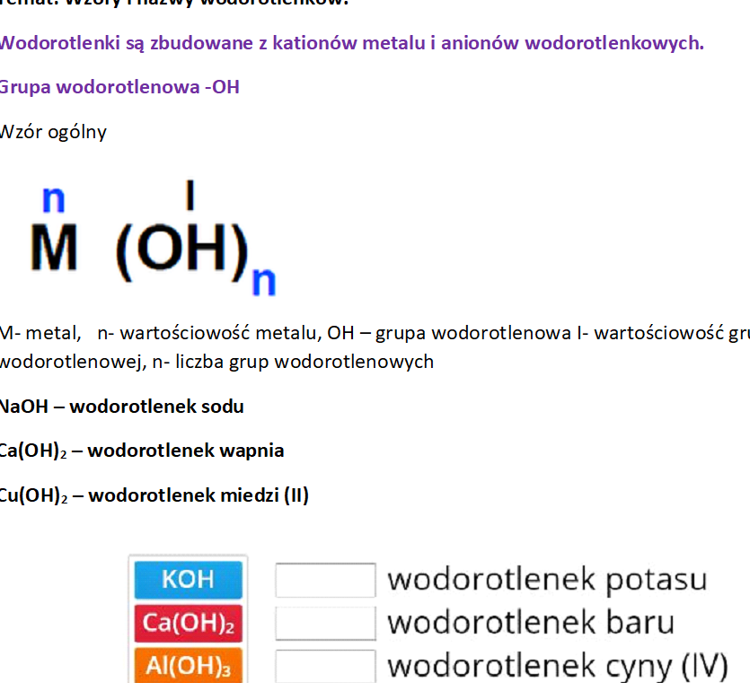Karta pracy "Wodorotlenki" klasa 7