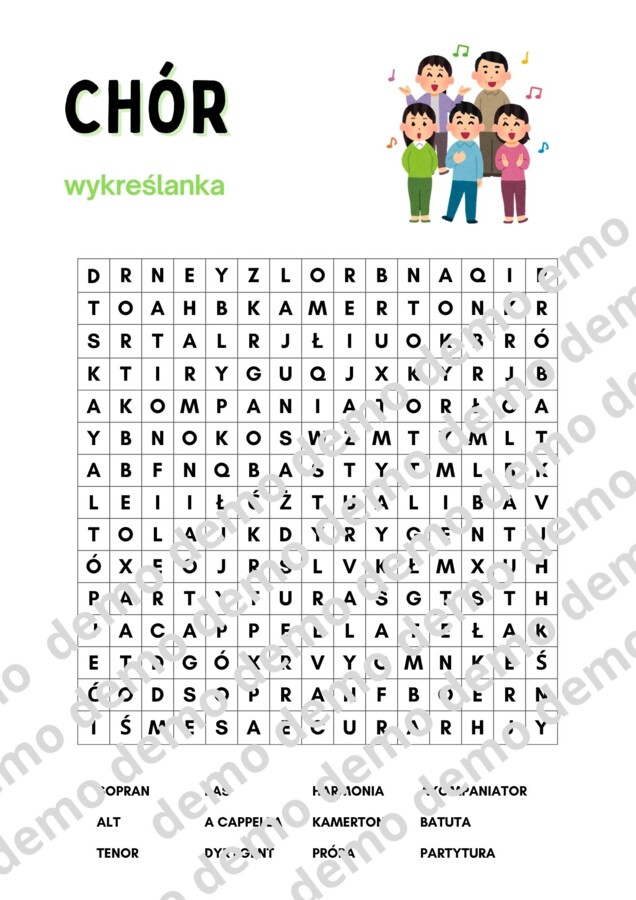 Muzyka, klasa 4-5. Chór.  Karta pracy: wykreślanka.