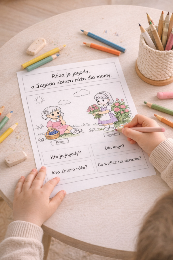 Karta wprowadzająca „Róża je jagody, a Jagoda zbiera róże dla mamy”