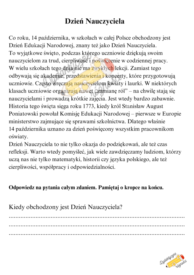 Dzień Nauczyciela kl. 4-6. Czytanie ze zrozumieniem