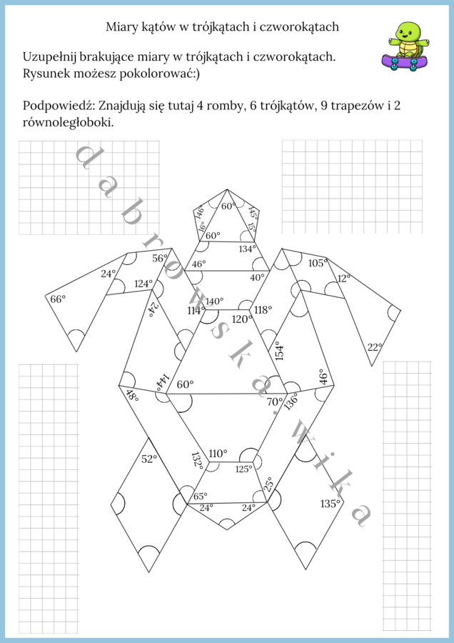 Miary kątów w trójkątach i czworokątach - żółwik