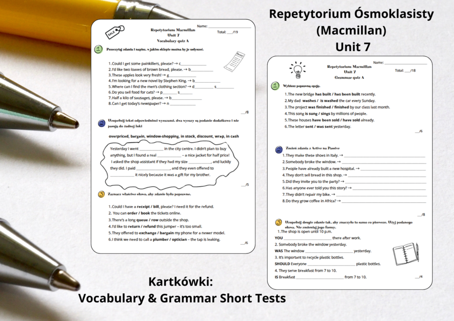 📘 Unit 7 “Shopping and Services” (Repetytorium Macmillan) - Zestaw kartkówek – Vocabulary - Grammar