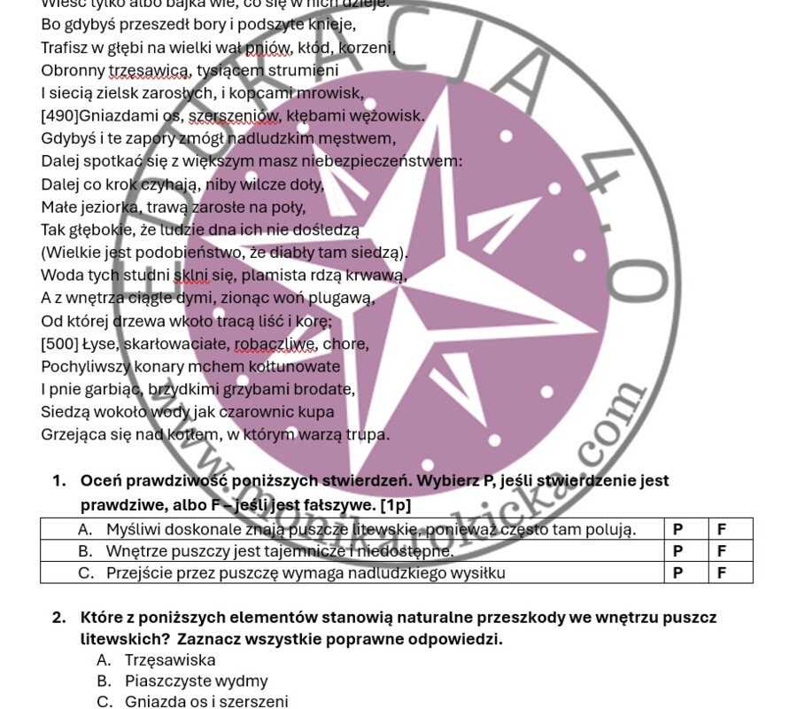 "Pan Tadeusz". Fragment ks. IV. Matecznik – Czytanie ze zrozumieniem - zestaw zadań dla uczniów klas 7–8