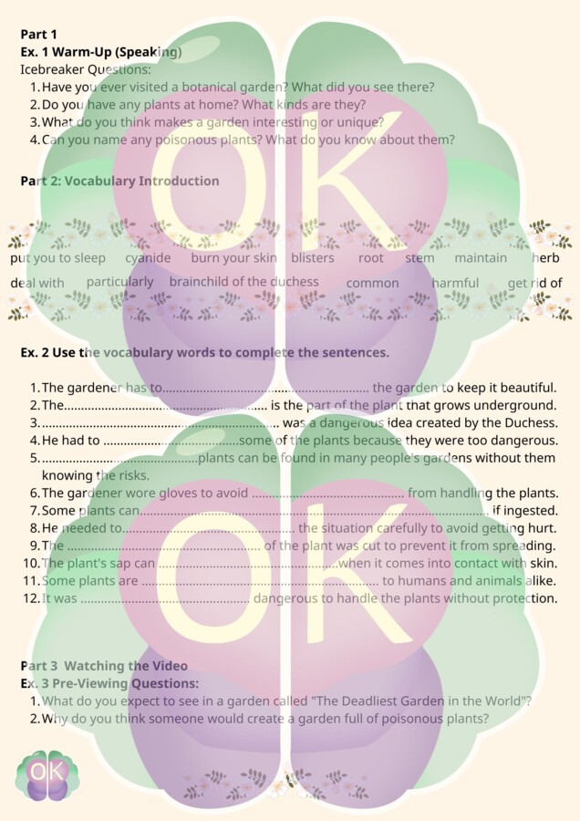 🌿 Enter the Deadliest Garden in the World – Alnwick Poison Gardenrośliny trujące, ogród Alnwick, nauka angielskiego, lekcja z filmem, B1/B2, słownictwo angielskie, ćwiczenia językowe, uzupełnianie zdań, dyskusja w klasie, pre-watching questions, post-wat