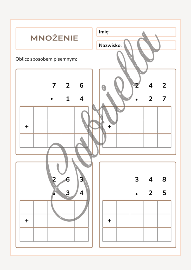 Karta pracy mnożenie pisemne przez liczbę dwucyfrową klasa 4