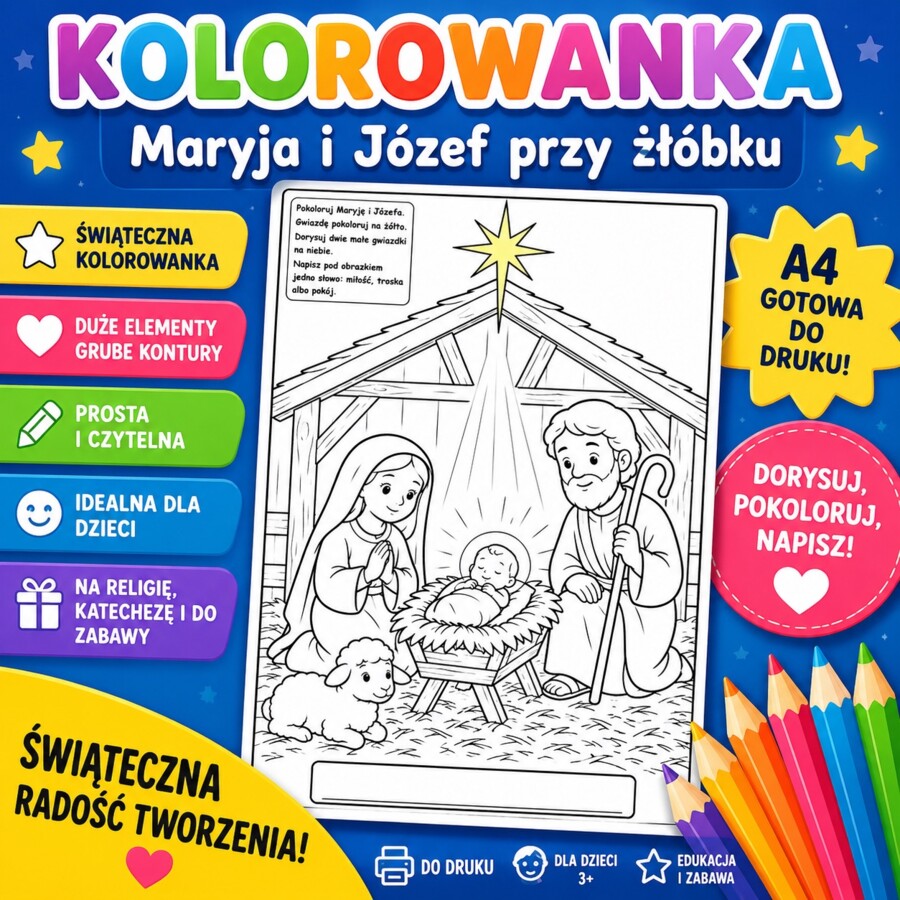 Kolorowanka. Maryja i Józef przy żłóbku