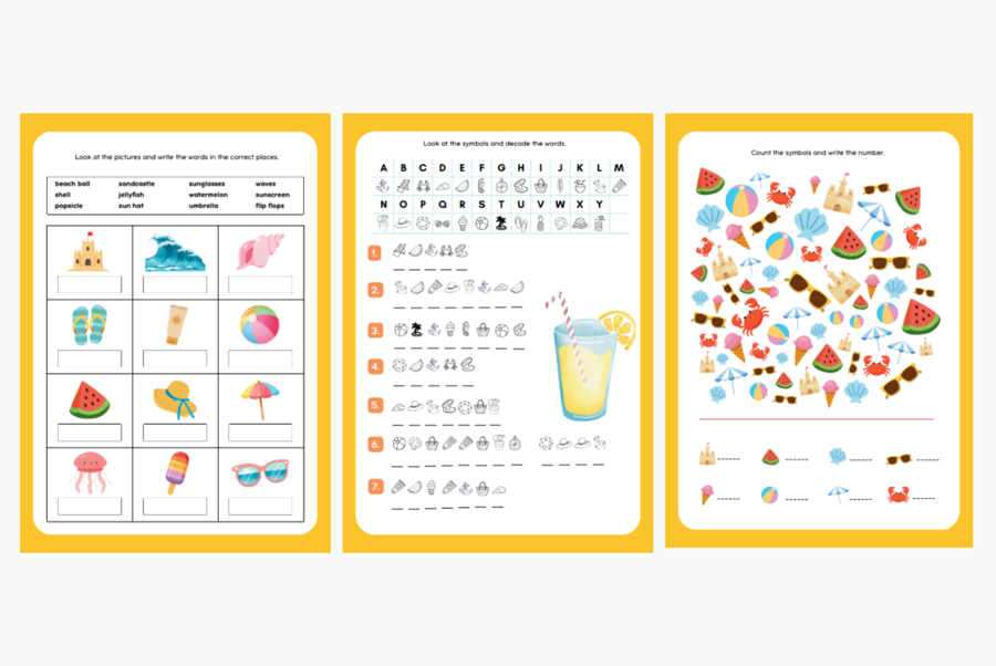 Summer Activity Pack – karty pracy na lato i wakacje | Język angielski | SP 1–3 (wykreślanka, krzyżówka, liczenie, słownictwo, labirynty, kodowanie, czytanie i więcej!)