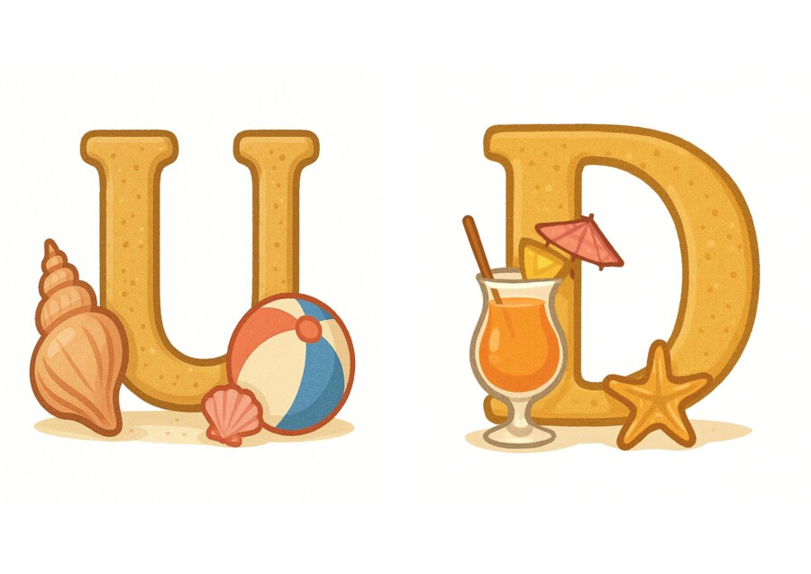 Gazetka: Napis: UDANYCH WAKACJI