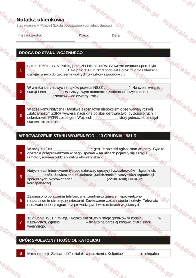 Notatka okienkowa „Stan wojenny” + klucz odpowiedzi