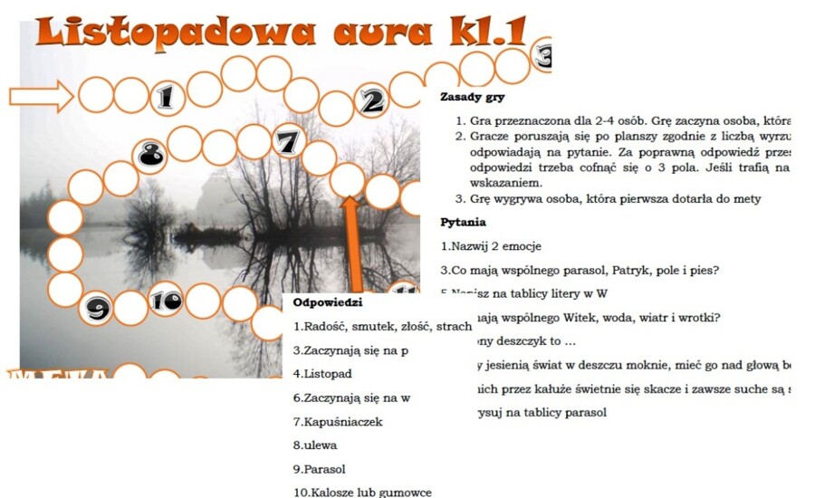 Gra planszowa pt. "listopadowa aura" dla klasy 1 do cyklu "Szkoła na TAK"