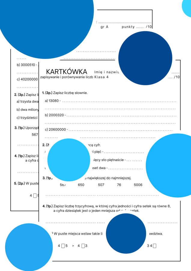 Kartkówka. Zapisywanie i porównywanie liczb. Klasa 4