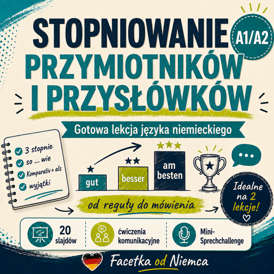 Stopniowanie bez chaosu – gotowa lekcja niemieckiego A1+/A2 | 90 min