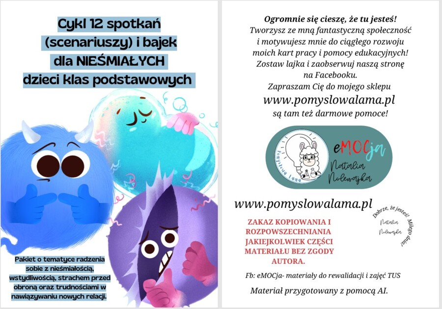 Cykl 12 spotkań (scenariuszy) i bajek dla NIEŚMIAŁYCH dzieci klas podstawowych