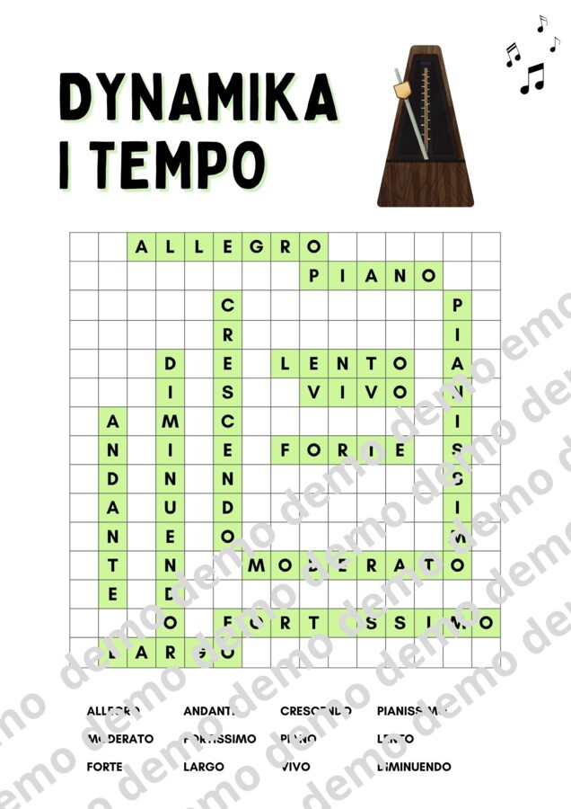 Muzyka, klasa 4-5. Dynamika i tempo. Karta pracy: wykreślanka.