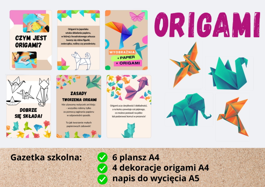 Gazetka szkolna ORIGAMI składanie papieru, 6 plansz + 4 dekoracje + napis PDF