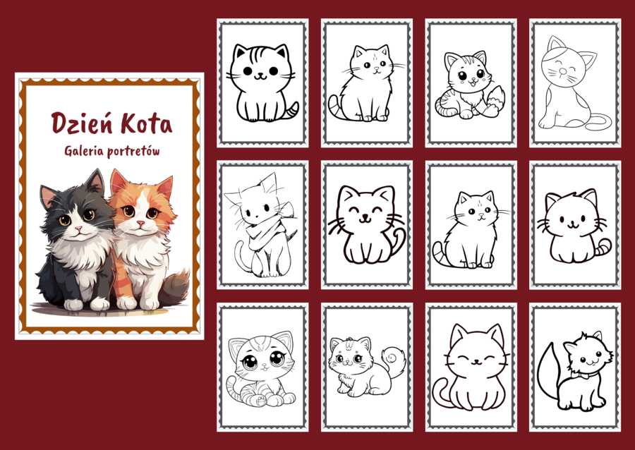 🖤🐱DZIEŃ KOTA – Galeria portretów – kolorowanka – kolorowanki – biblioteka – świetlica – przedszkole – 25 wersji - Dzień Czarnego Kota