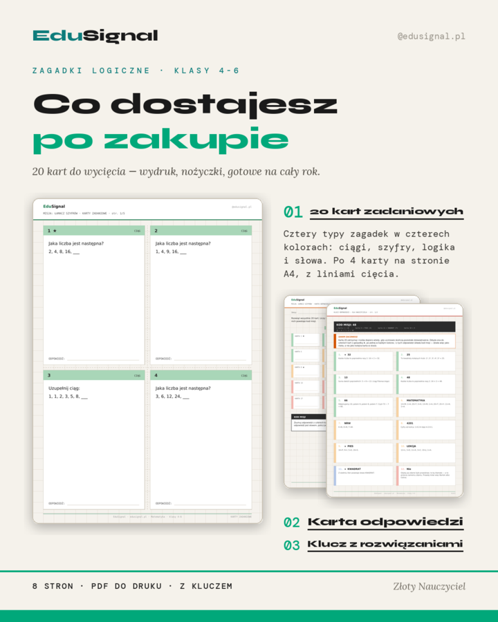 Zagadki logiczne — 20 kart zadaniowych, klasy 4–6 (karta odpowiedzi + klucz), fiszki